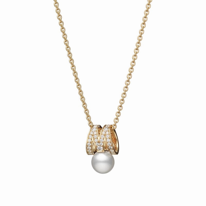 Mikimoto  18ct Yellow Gold Akoya Pearl & 0.33ct Diamond M Signature Necklace