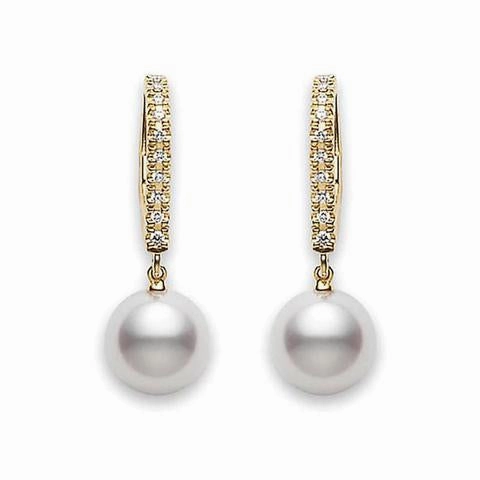 Mikimoto 18ct Yellow Gold Diamond 7.5mm White Akoya Pearl Drop Earrings