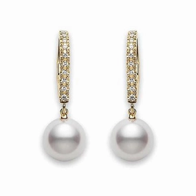 Mikimoto 18ct Yellow Gold Diamond 7.5mm White Akoya Pearl Drop Earrings