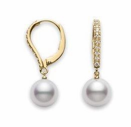 Mikimoto 18ct Yellow Gold Diamond 7.5mm White Akoya Pearl Drop Earrings