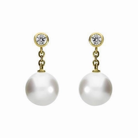 Mikimoto 18ct Yellow Gold Diamond 8mm White A  Akoya Pearl Drop Earrings