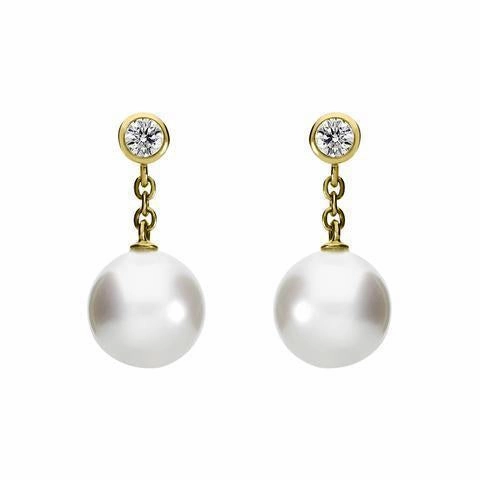 Mikimoto 18ct Yellow Gold Diamond 8mm White A  Akoya Pearl Drop Earrings