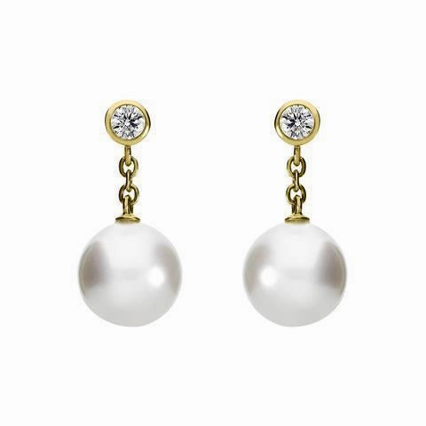 Mikimoto 18ct Yellow Gold Diamond 8mm White A  Akoya Pearl Drop Earrings