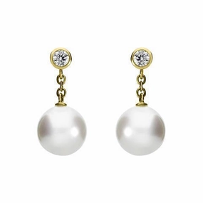 Mikimoto 18ct Yellow Gold Diamond 8mm White A  Akoya Pearl Drop Earrings