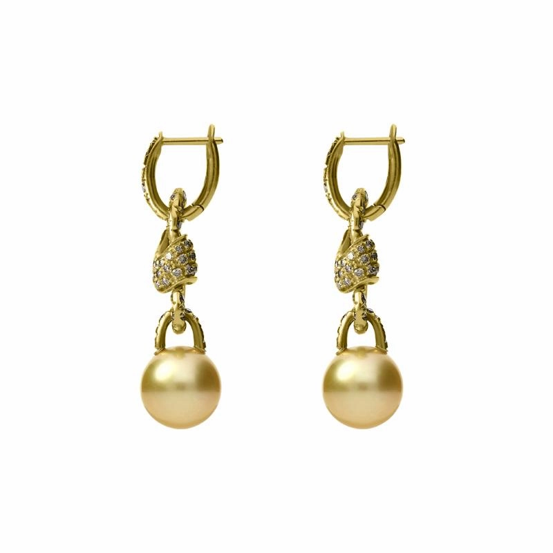 Mikimoto 18ct Yellow Gold Diamond Golden South Sea Pearl Drop Earrings