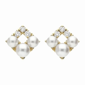Mikimoto 18ct Yellow Gold Diamond White Akoya Pearl Stud Earrings