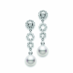Mikimoto Lace 18ct White Gold 0.39ct Diamond Pearl Drop Earrings D