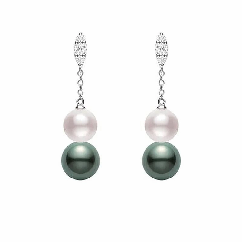 Mikimoto Morning Dew 18ct White Gold Diamond Black South Sea and Akoya Pearl Earrings