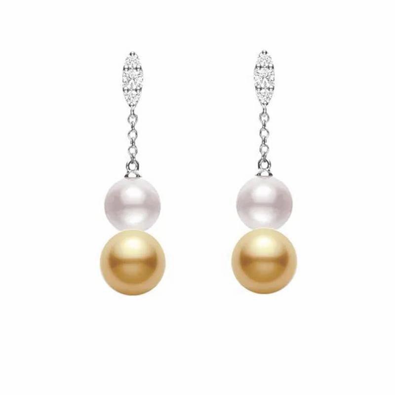 Mikimoto Morning Dew 18ct White Gold Diamond Golden South Sea and Akoya Pearl Earrings