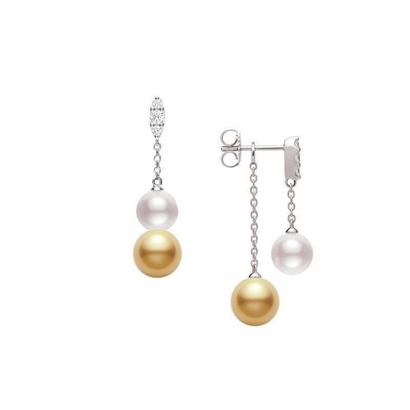 Mikimoto Morning Dew 18ct White Gold Diamond Golden South Sea and Akoya Pearl Earrings