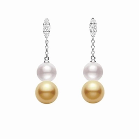 Mikimoto Morning Dew 18ct White Gold Diamond Golden South Sea and Akoya Pearl Earrings