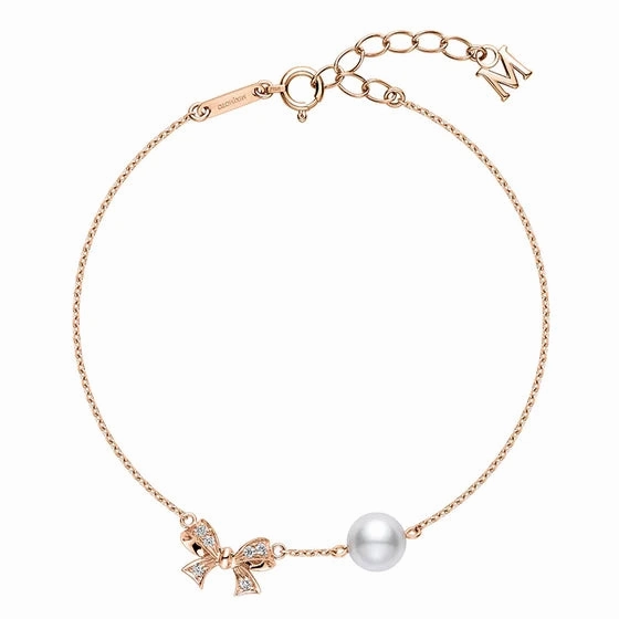 Mikimoto Ribbon 18ct Rose Gold White Akoya Pearl Diamond Adjustable Bracelet