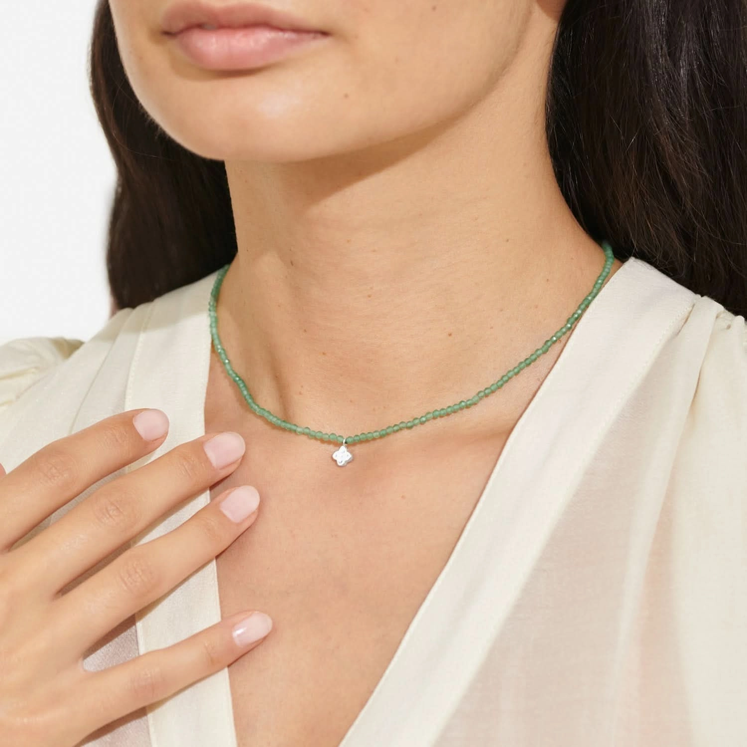 Mini Charms Aventurine Clover Silver Plated Necklace 8602