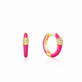 Neon Pink Enamel Carabiner Gold Huggie Hoop Earrings E040-01G-NP