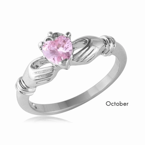 October Sterling Silver 925 Rhodium Plated CZ Center Birthstone Claddagh Ring - BGR01083OCT
