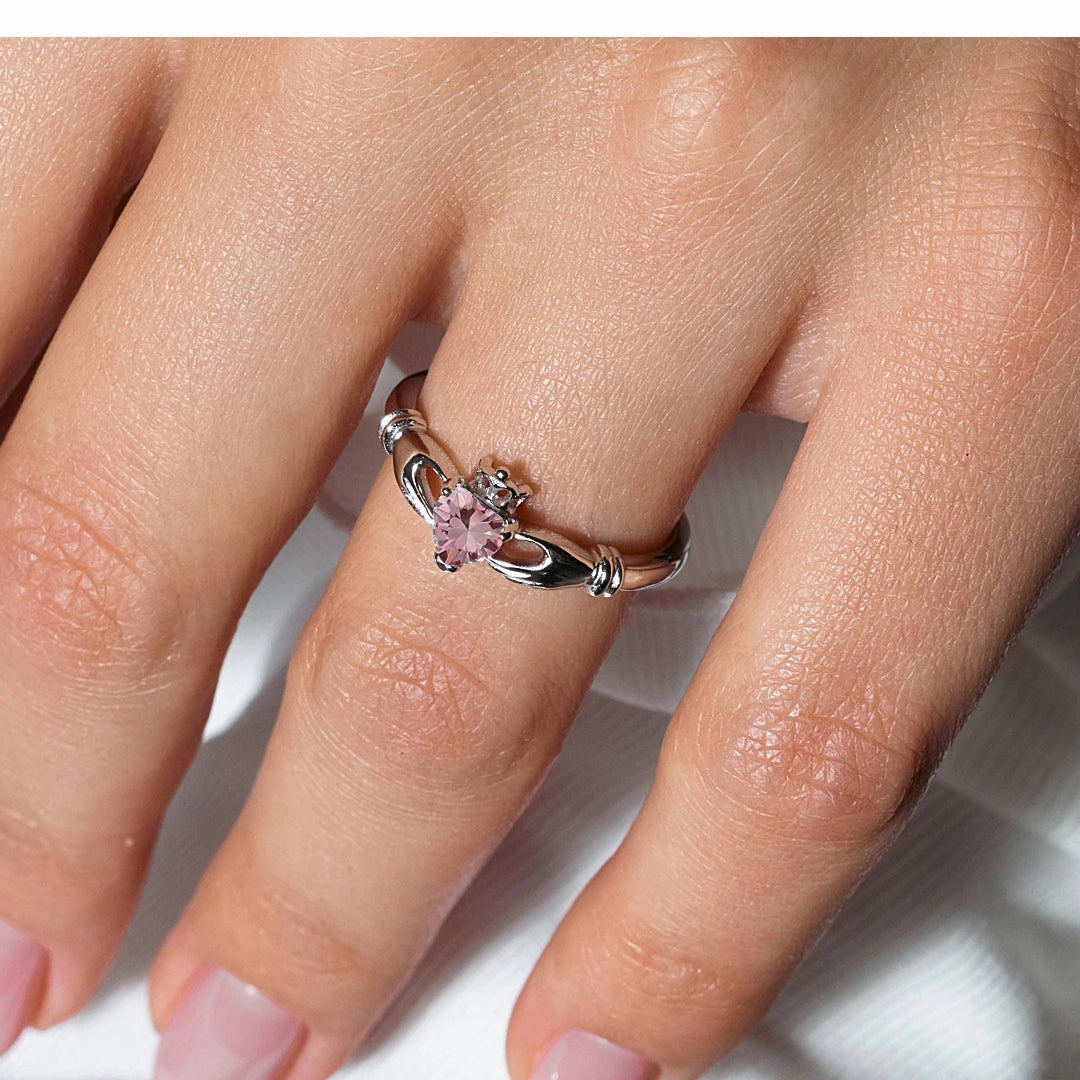 October Sterling Silver 925 Rhodium Plated CZ Center Birthstone Claddagh Ring - BGR01083OCT