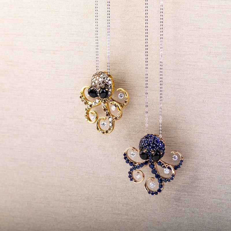 Ponte Vecchio 18ct Rose Gold Whitby Jet Diamond Sapphire Octopus Necklace D