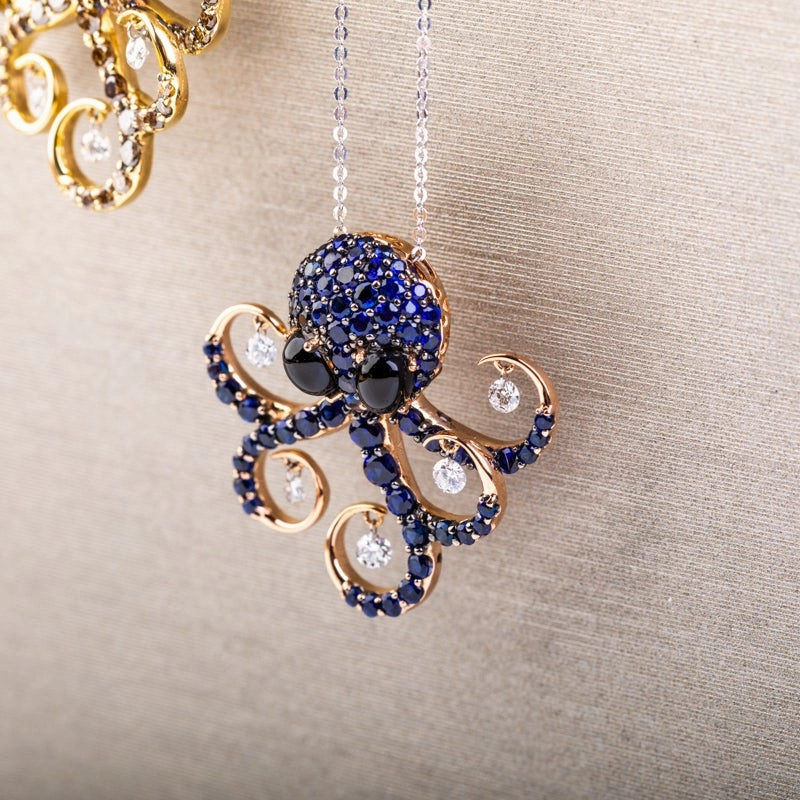 Ponte Vecchio 18ct Rose Gold Whitby Jet Diamond Sapphire Octopus Necklace D