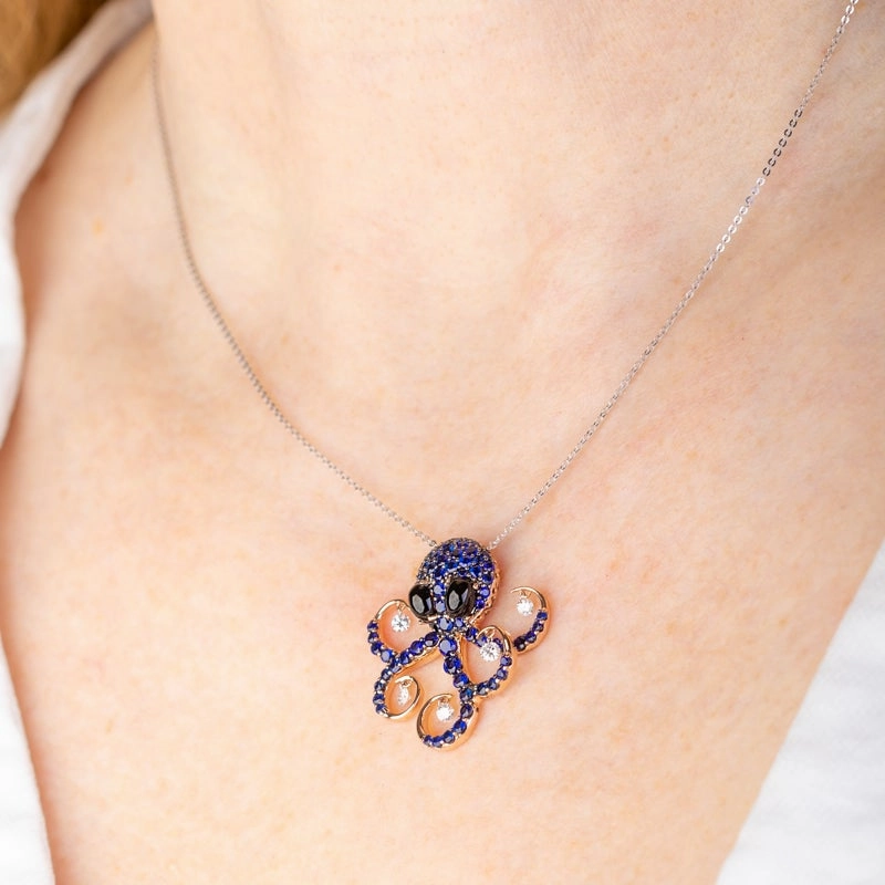 Ponte Vecchio 18ct Rose Gold Whitby Jet Diamond Sapphire Octopus Necklace D