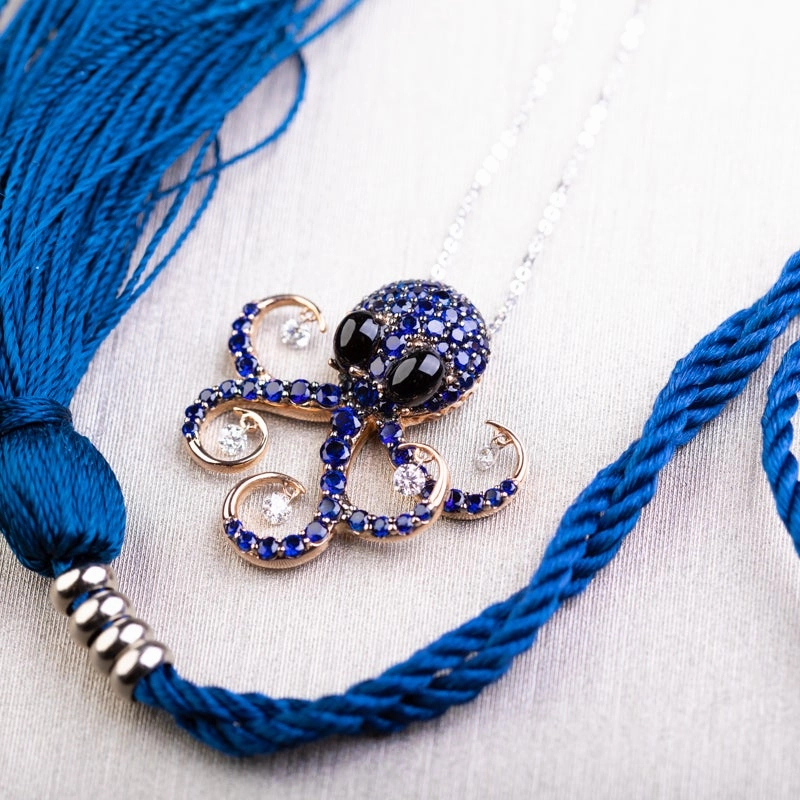 Ponte Vecchio 18ct Rose Gold Whitby Jet Diamond Sapphire Octopus Necklace D