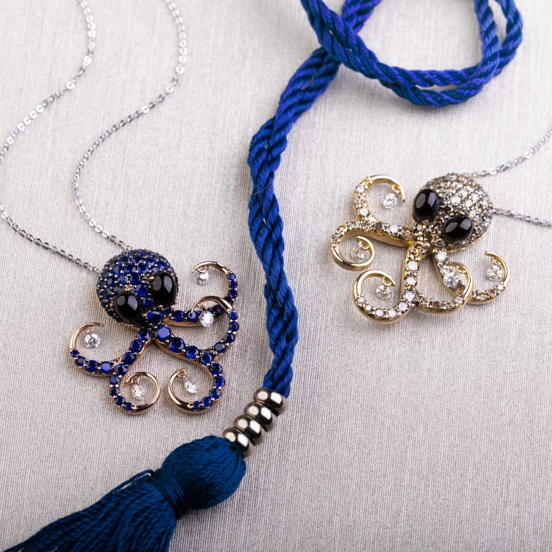 Ponte Vecchio 18ct Rose Gold Whitby Jet Diamond Sapphire Octopus Necklace D