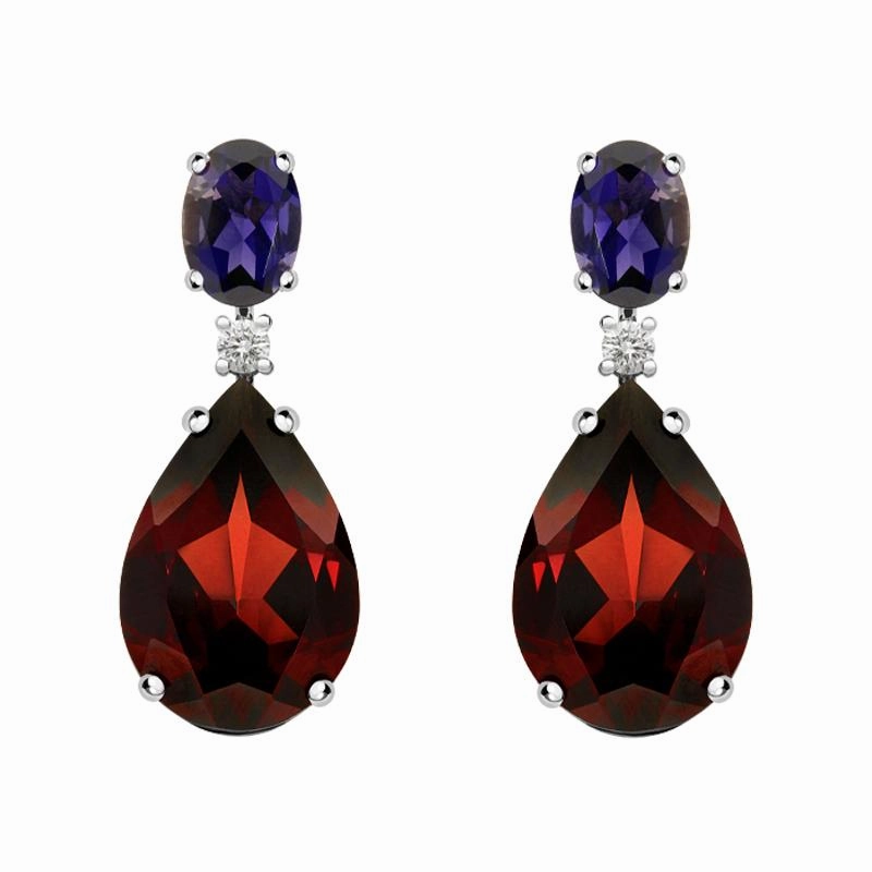 Ponte Vecchio Signoria 18ct White Gold 13.40ct Garnet 1.35ct Iolite Diamond Drop Earrings