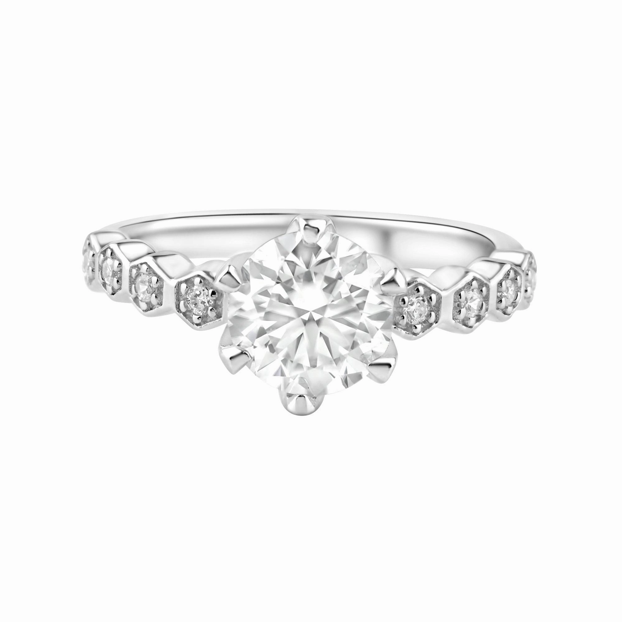 Rhodium Plated 925 Sterling Silver 1 Carat Round Moissanite and Clear CZ Ring - MBGR00005