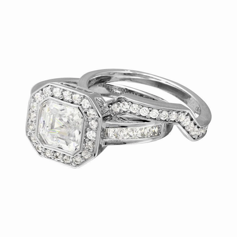Rhodium Plated 925 Sterling Silver 2pcs CZ Square Center Bridal Ring - GMR00205