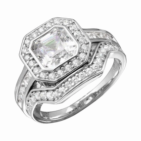 Rhodium Plated 925 Sterling Silver 2pcs CZ Square Center Bridal Ring - GMR00205