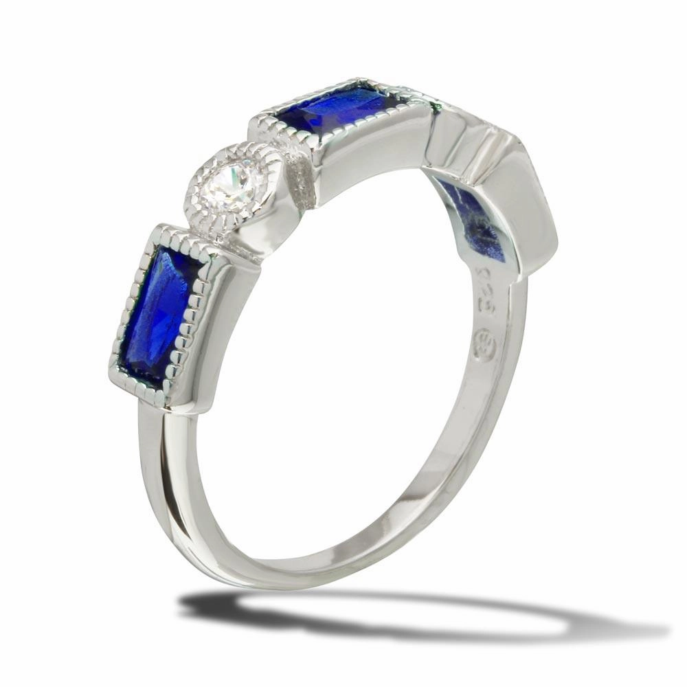Rhodium Plated 925 Sterling Silver Alternating Blue Rectangle and Clear Round CZ Ring - BGR01111BLU