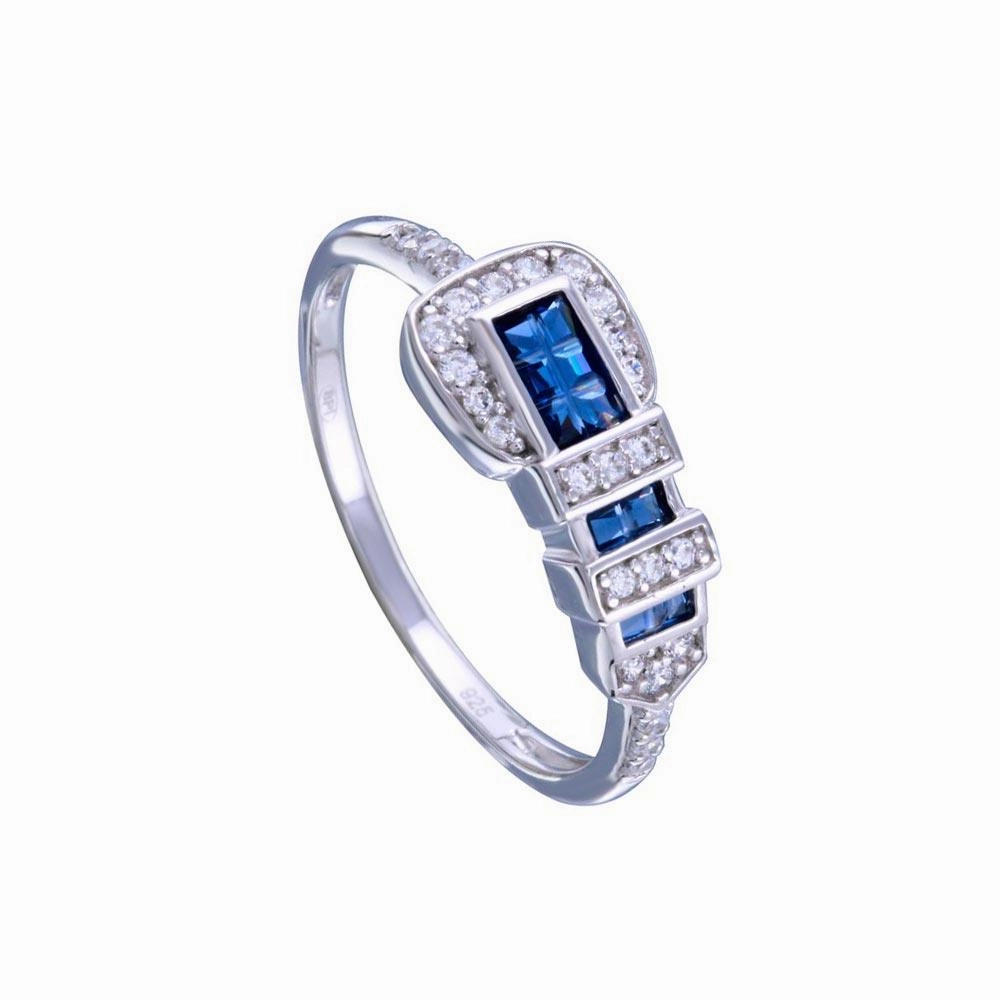 Rhodium Plated 925 Sterling Silver Blue and Clear CZ Belt Ring - GMR00319BLU