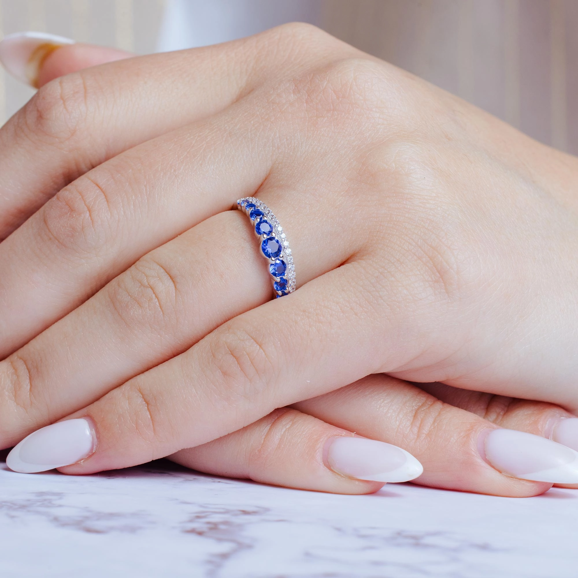 Rhodium Plated 925 Sterling Silver Blue and Clear CZ Stones Ring - BGR01175BLU