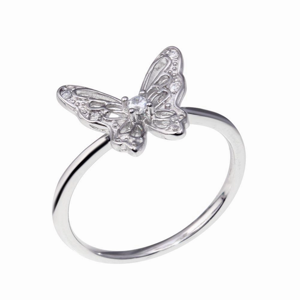 Rhodium Plated 925 Sterling Silver Butterfly Clear CZ Ring - BGR01347