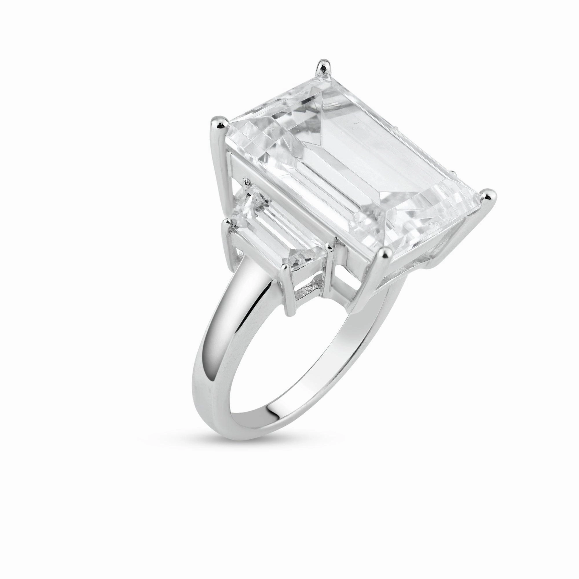 Rhodium Plated 925 Sterling Silver Clear Baguette and Rectangular Center CZ Bridal Ring - BGR00427