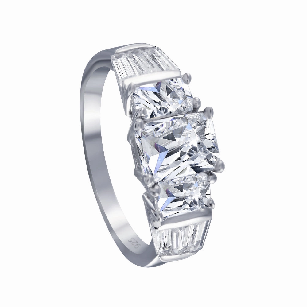 Rhodium Plated 925 Sterling Silver Clear Baguette Rectangular CZ Bridal Ring - BGR00066