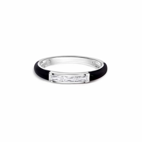 Rhodium Plated 925 Sterling Silver Clear Black Enamel Baguette CZ 2.5mm Ring - BGR01373