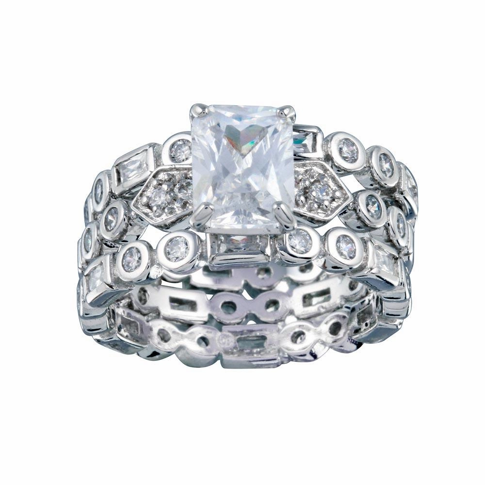 Rhodium Plated 925 Sterling Silver Clear CZ Multi Shaped Bridal Engagement Ring Set - BGR00250