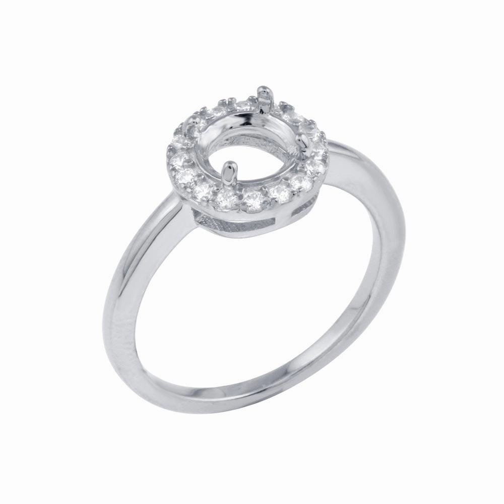 Rhodium Plated 925 Sterling Silver Clear CZ Round Mounting Ring - BGR01333