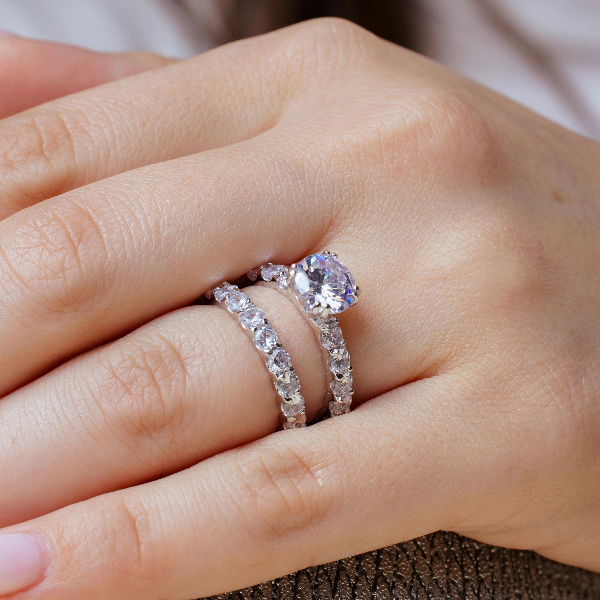 Rhodium Plated 925 Sterling Silver Clear Square Center CZ Bridal Ring Set - BGR00212