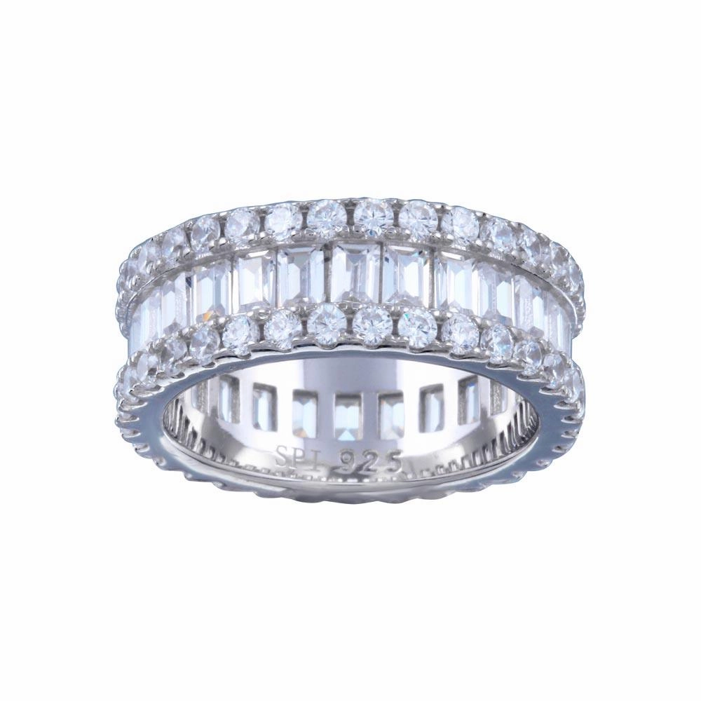 Rhodium Plated 925 Sterling Silver CZ Baquette Band with Border Ring  - STR01144