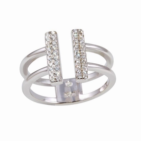 Rhodium Plated 925 Sterling Silver CZ Bar Open Ring - BGR01135