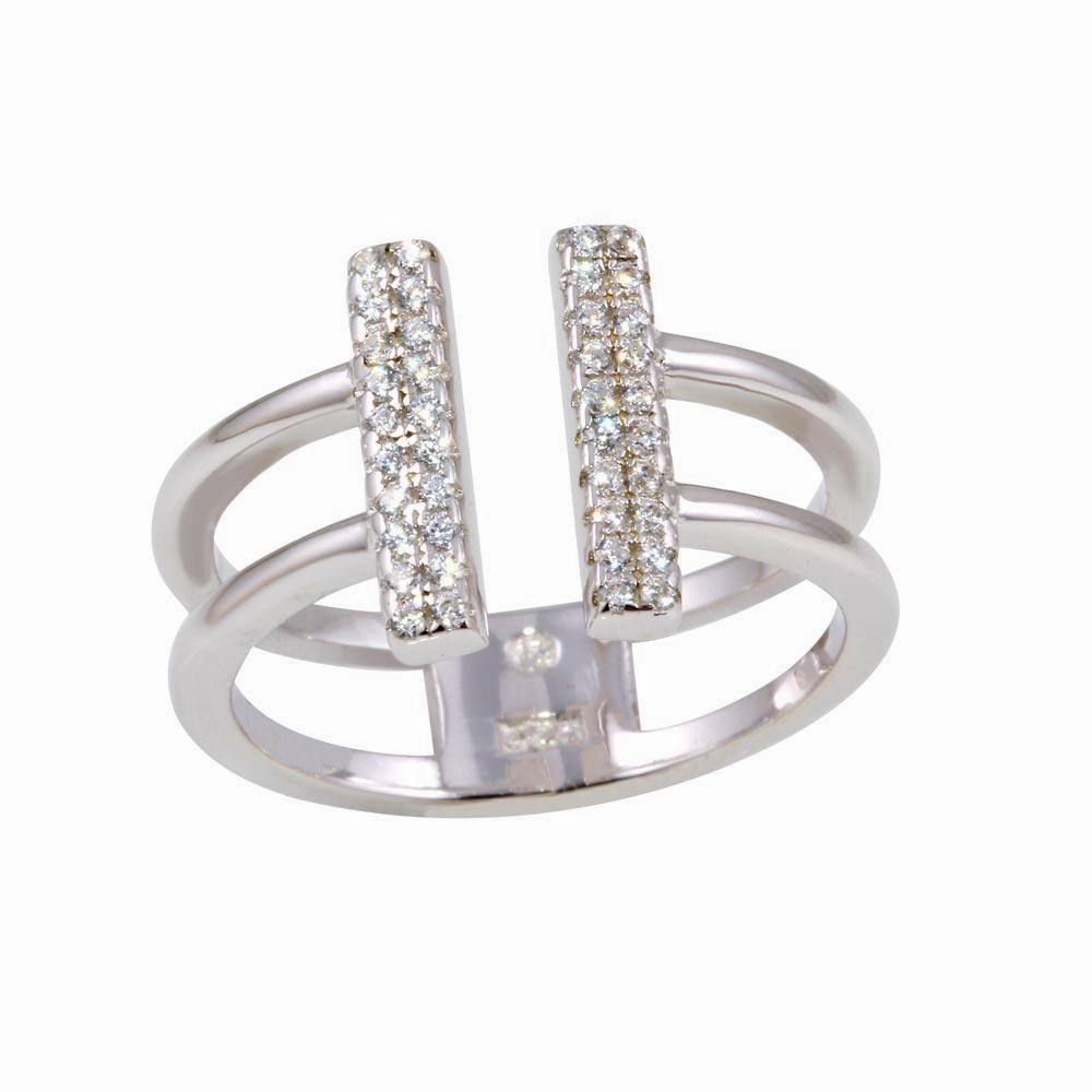 Rhodium Plated 925 Sterling Silver CZ Bar Open Ring - BGR01135