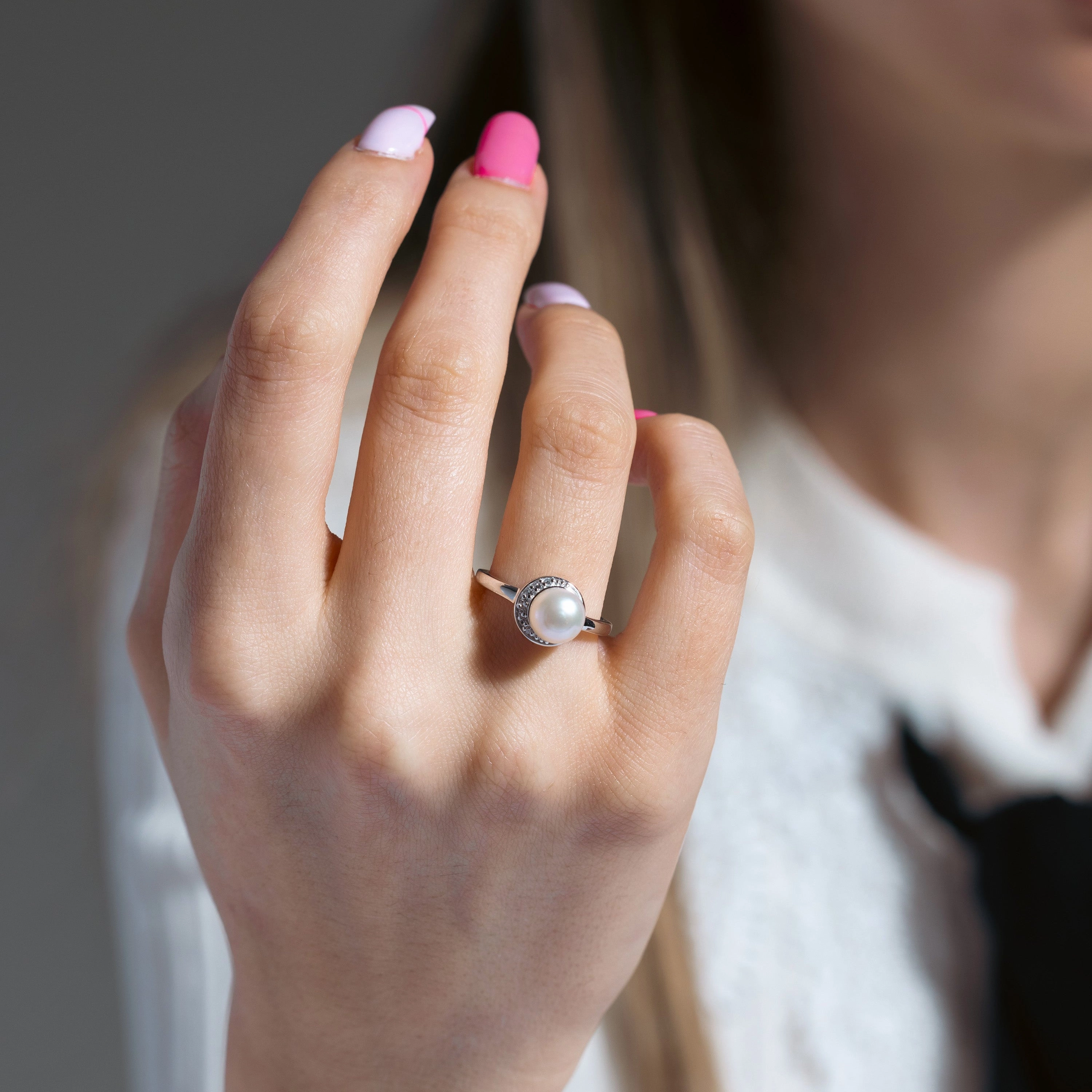 Rhodium Plated 925 Sterling Silver CZ Crescent Ring with Fresh Water Pearl - BGR01095