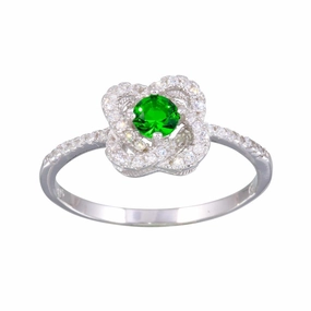 Rhodium Plated 925 Sterling Silver CZ Knot Green Center Stone Ring - BGR01141GRN