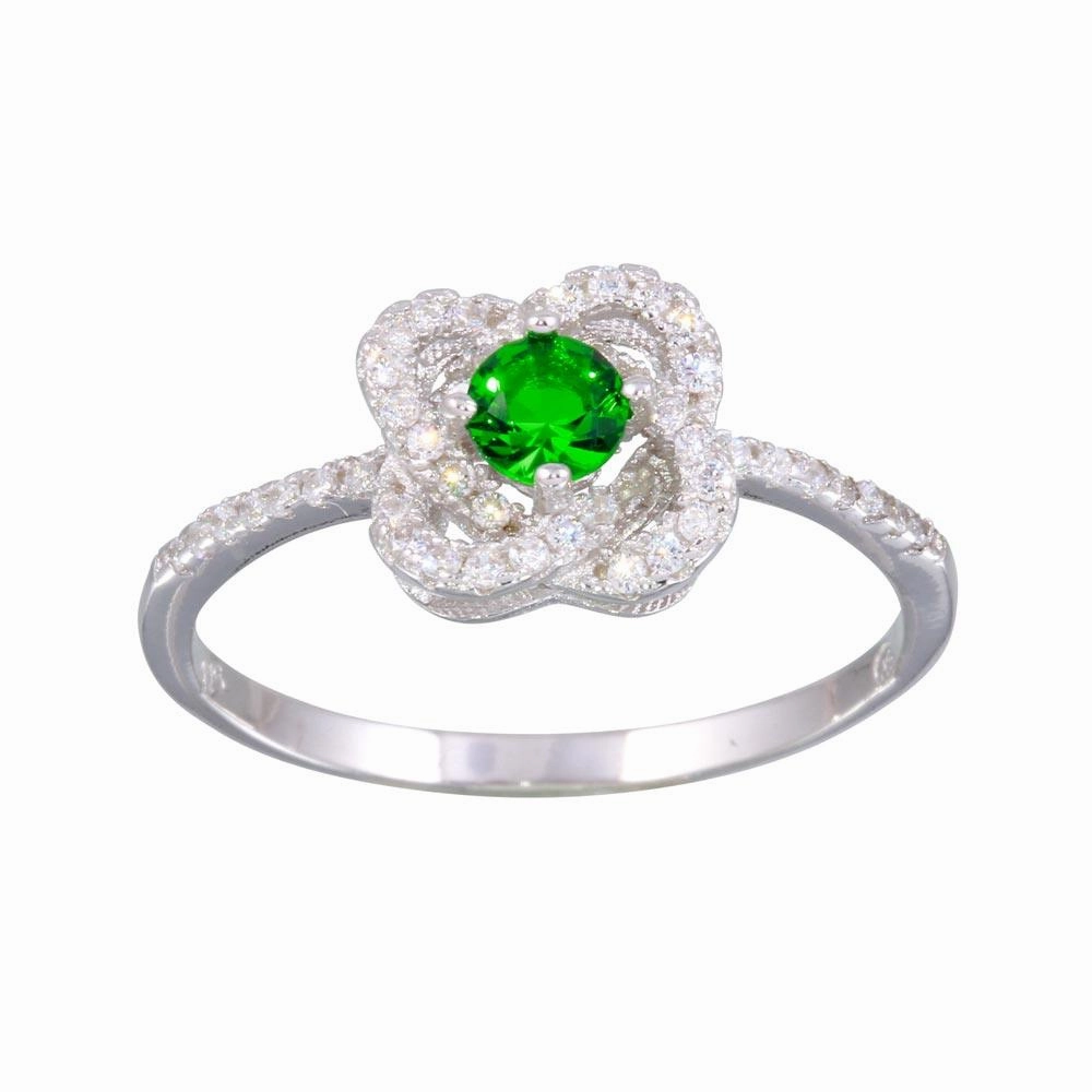 Rhodium Plated 925 Sterling Silver CZ Knot Green Center Stone Ring - BGR01141GRN