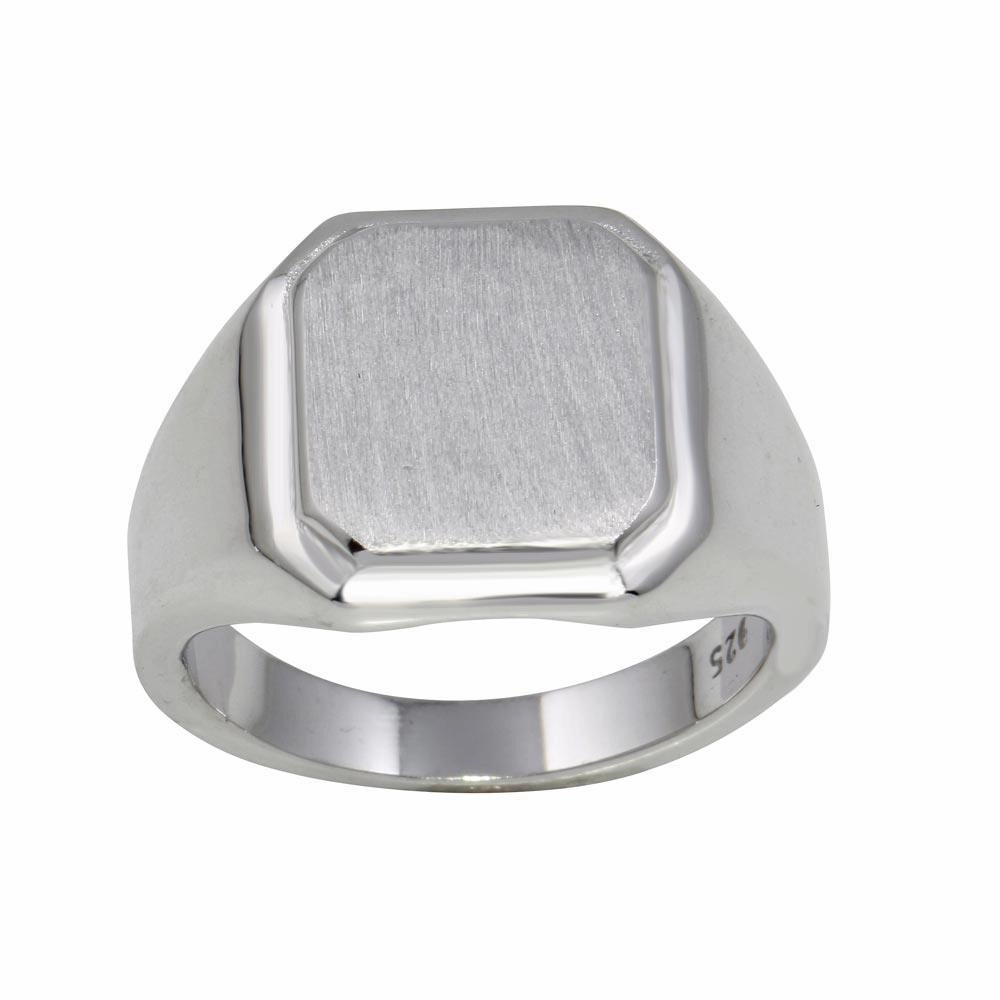 Rhodium Plated 925 Sterling Silver Engravable Octagon Ring with Matte Finish - BGR01240