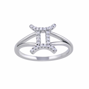 Rhodium Plated 925 Sterling Silver Gemini CZ Zodiac Sign Ring - BGR01323