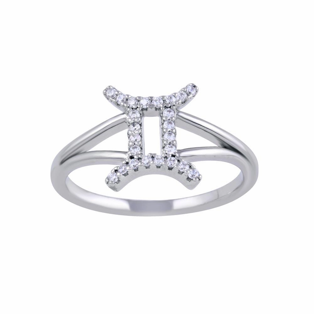 Rhodium Plated 925 Sterling Silver Gemini CZ Zodiac Sign Ring - BGR01323