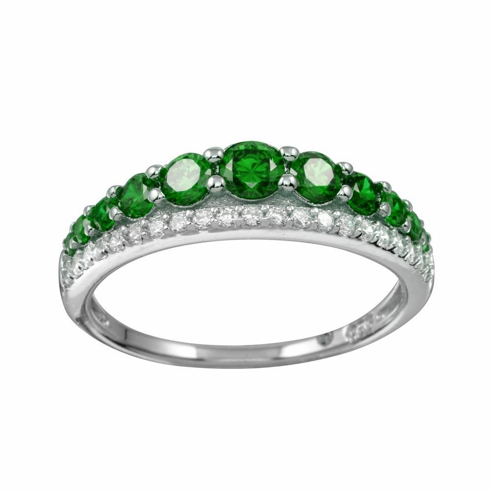 Rhodium Plated 925 Sterling Silver Green and Clear CZ Stones Ring - BGR01175GRN