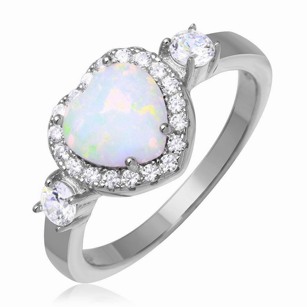 Rhodium Plated 925 Sterling Silver Halo Heart Ring with Synthetic Opal and CZ - BGR01043